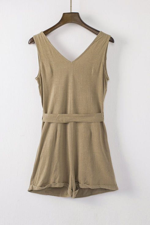 Button V Neck Romper With Belt